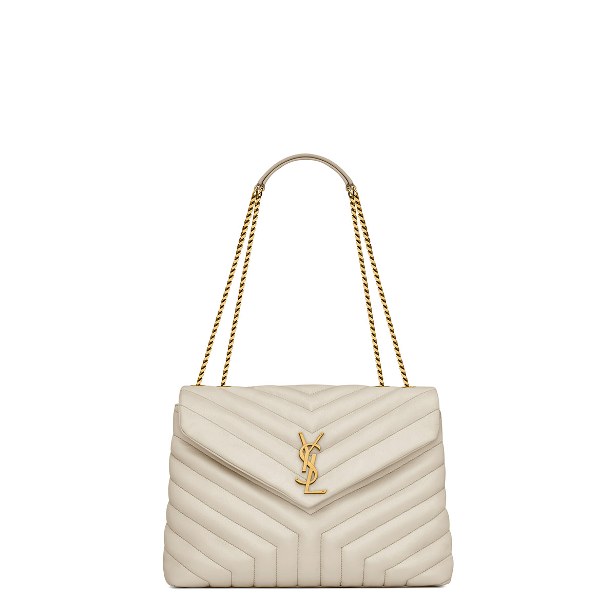 Saint Laurent Loulou Medium Crossbody/Shoulder Bag In Quilted Lambskin Leather - White & Gold