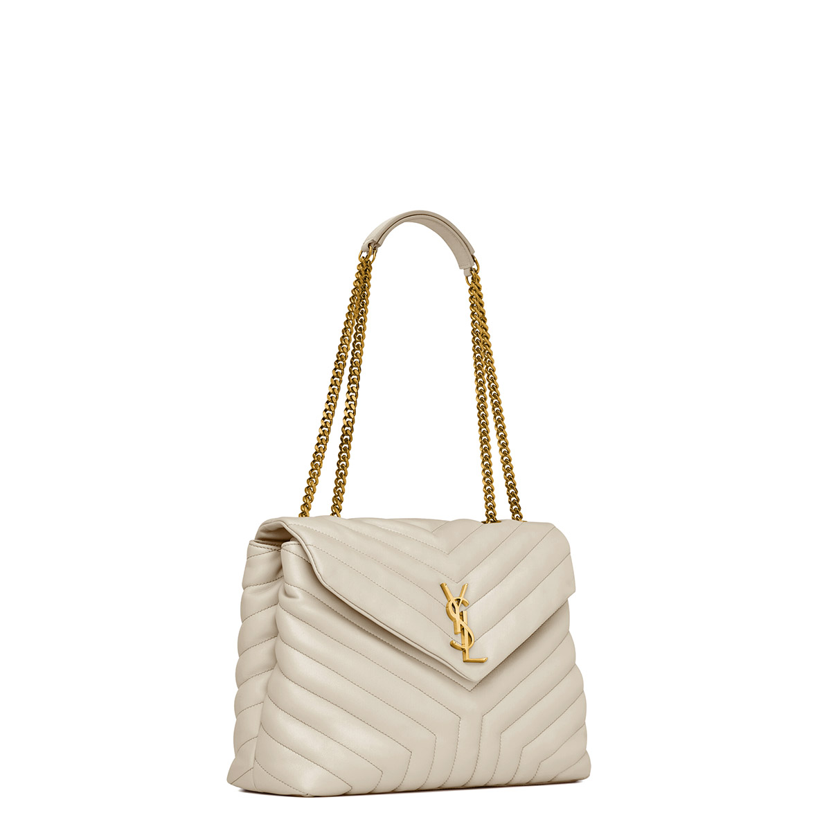 Saint Laurent Loulou Medium Crossbody/Shoulder Bag In Quilted Lambskin Leather - White & Gold