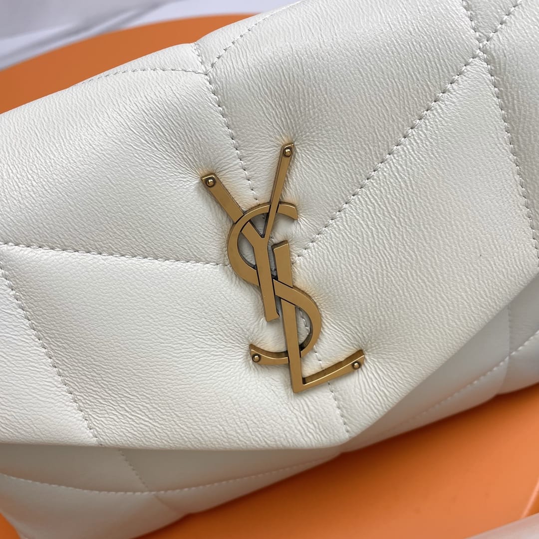 Saint Laurent Puffer Small Crossbody/Shoulder Bag In  Lambskin - White & Gold