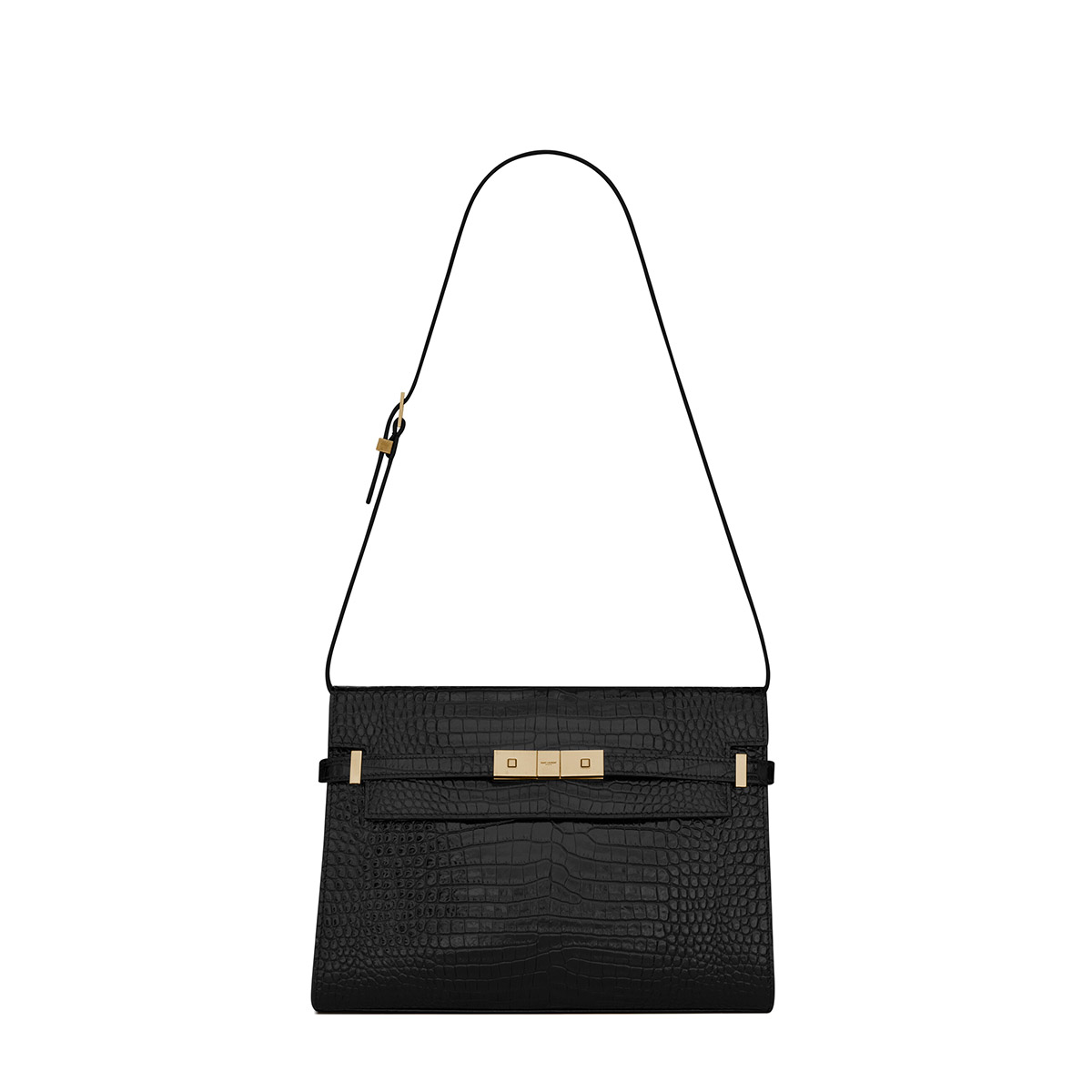 Saint Laurent Manhattan Mini Shoulder Bag In Shiny Crocodile-embossed Leather - Black & Gold