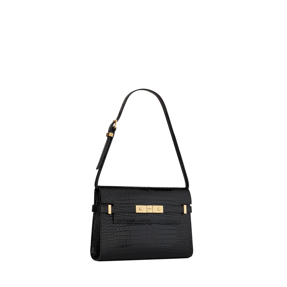 Saint Laurent Manhattan Mini Shoulder Bag In Shiny Crocodile-embossed Leather - Black & Gold