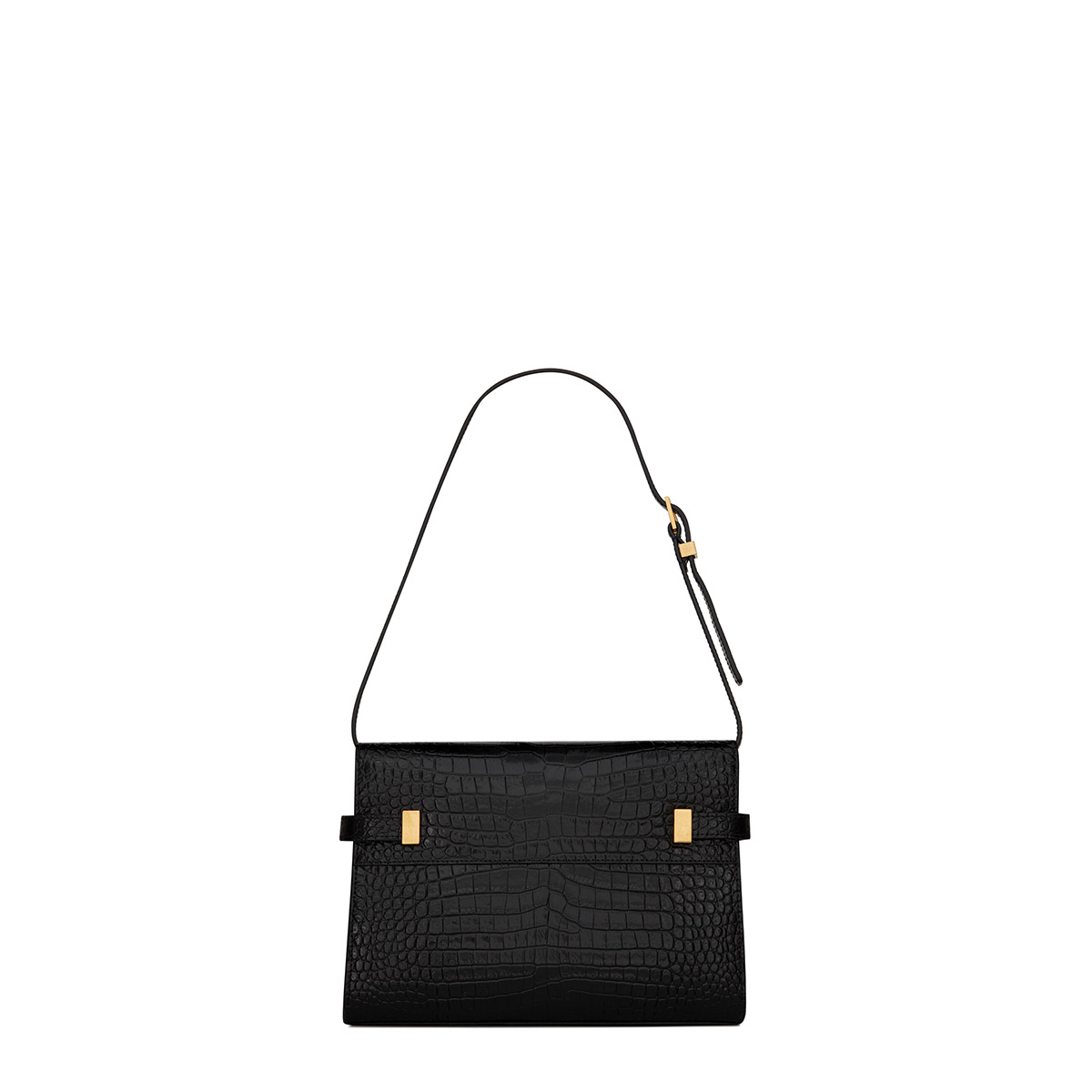 Saint Laurent Manhattan Mini Shoulder Bag In Shiny Crocodile-embossed Leather - Black & Gold