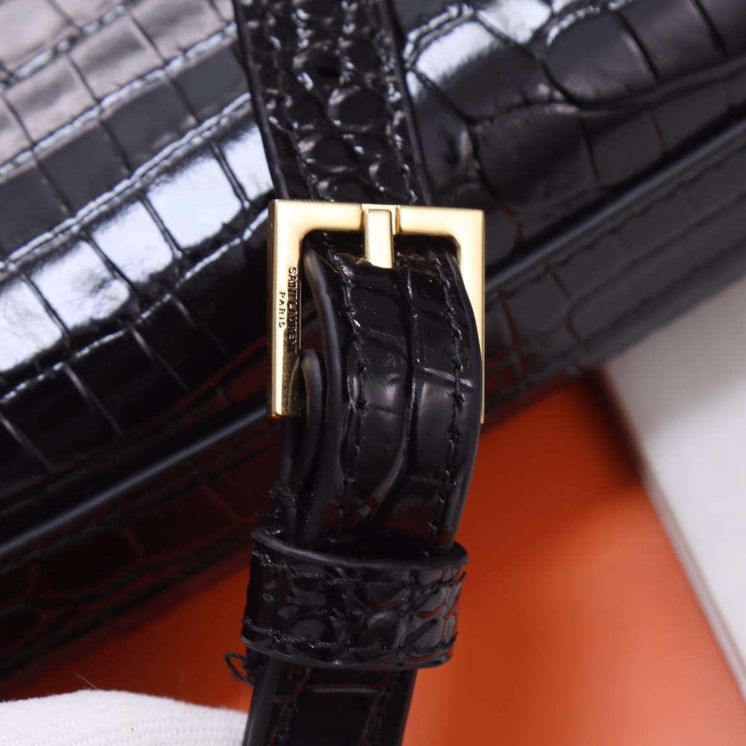 Saint Laurent Manhattan Mini Shoulder Bag In Shiny Crocodile-embossed Leather - Black & Gold