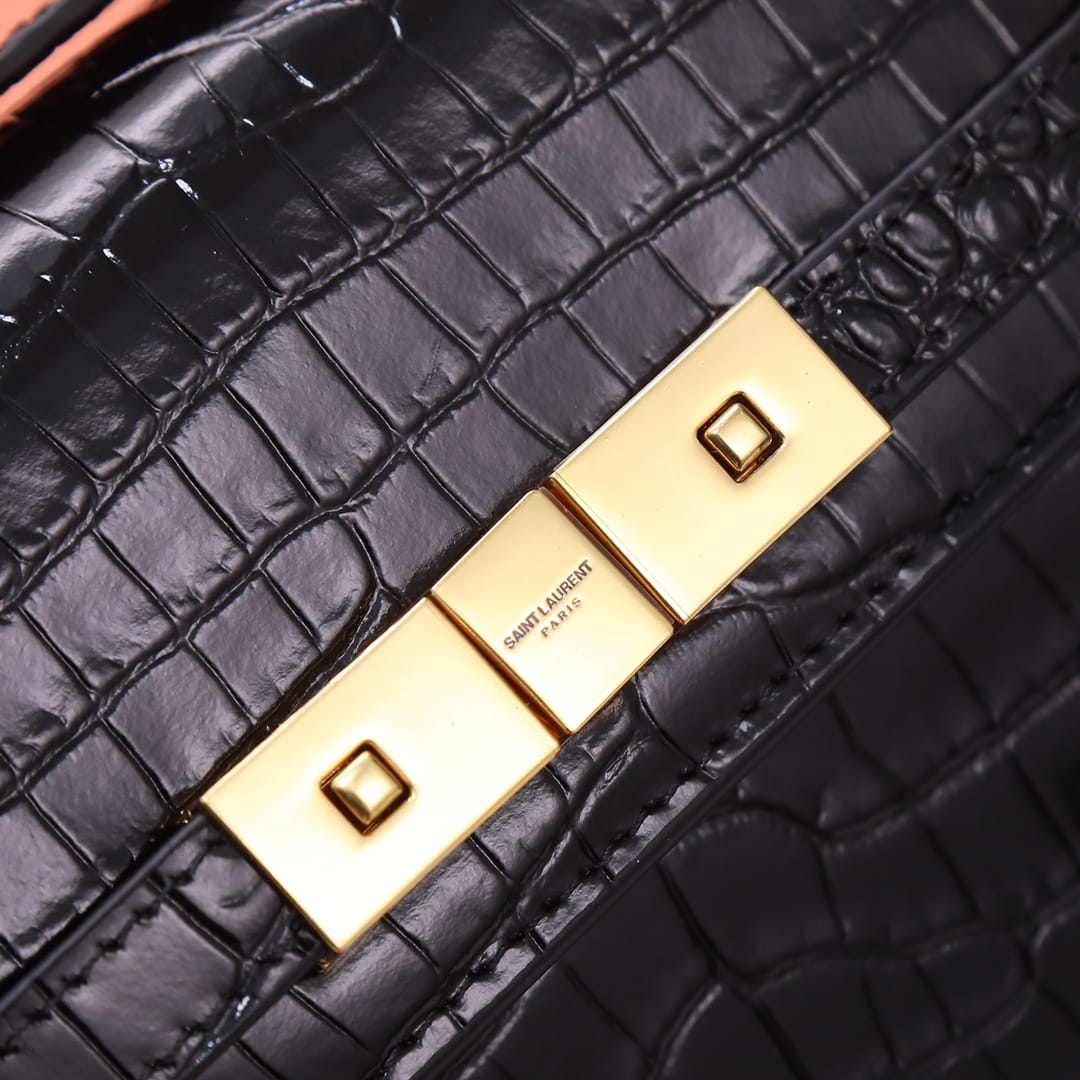 Saint Laurent Manhattan Mini Shoulder Bag In Shiny Crocodile-embossed Leather - Black & Gold