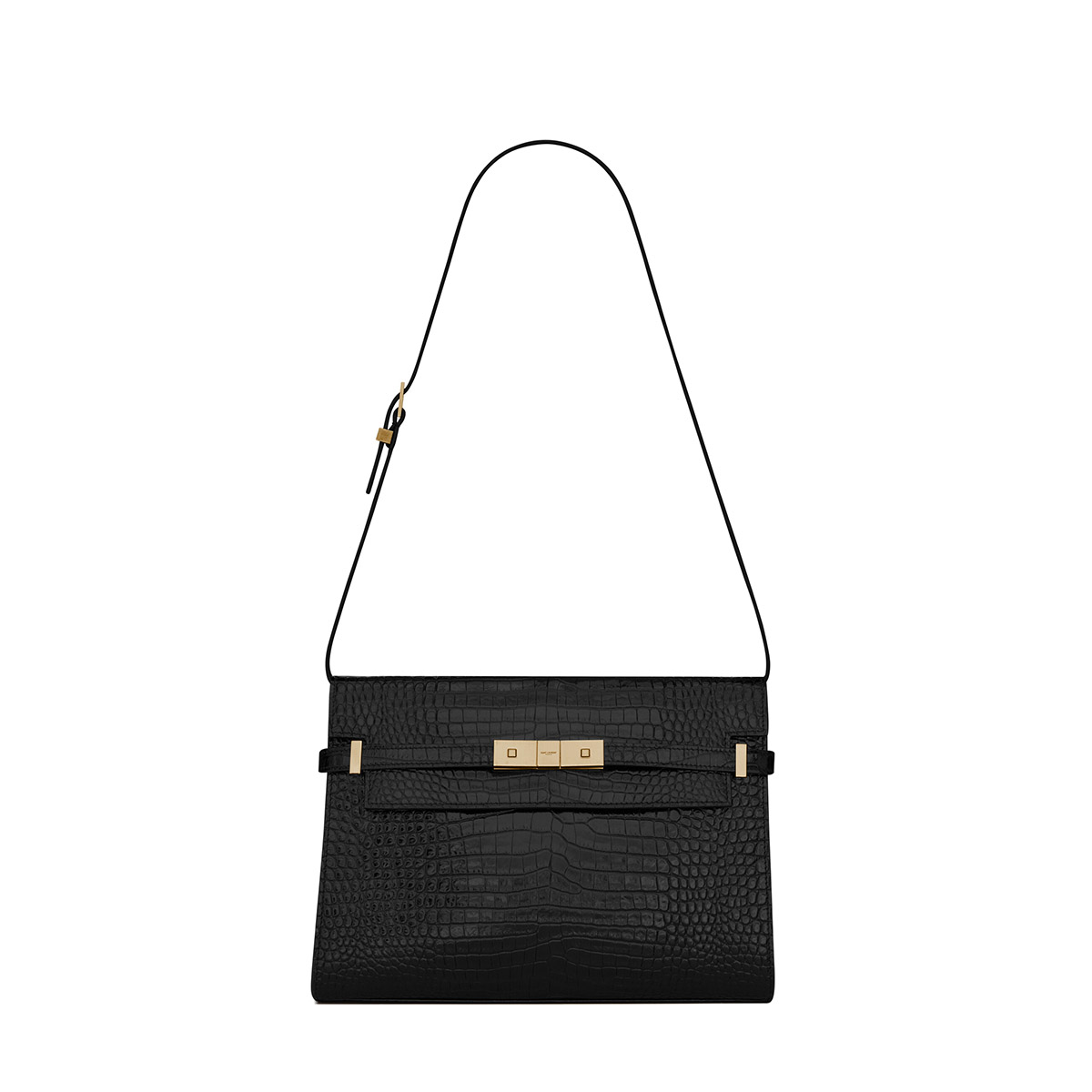 Saint Laurent Manhattan Small Shoulder Bag In Shiny Crocodile-embossed Leather - Black & Gold