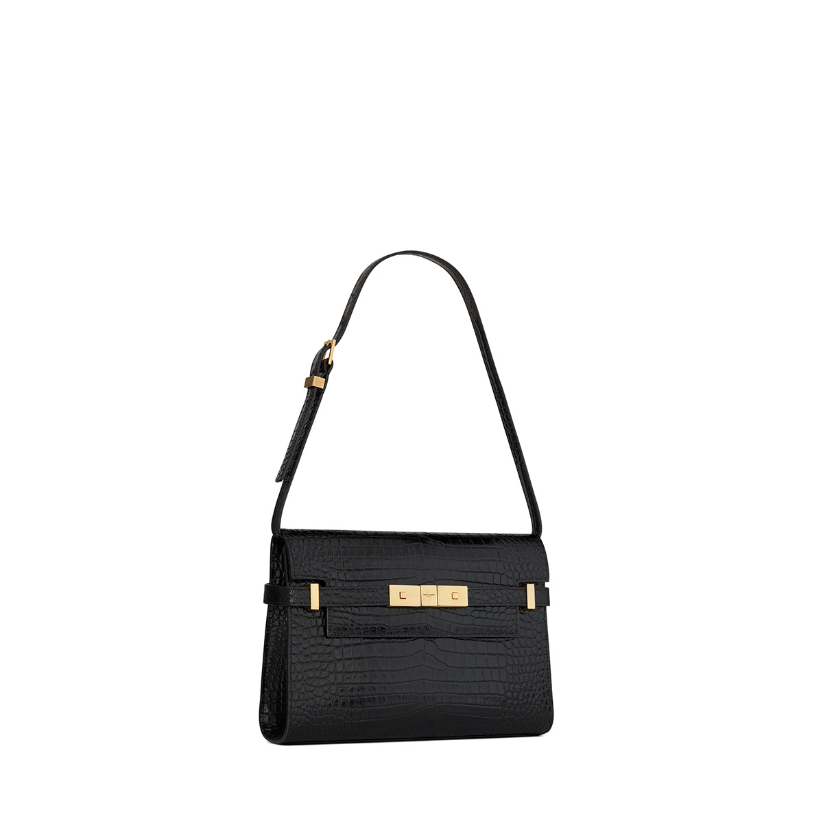 Saint Laurent Manhattan Small Shoulder Bag In Shiny Crocodile-embossed Leather - Black & Gold