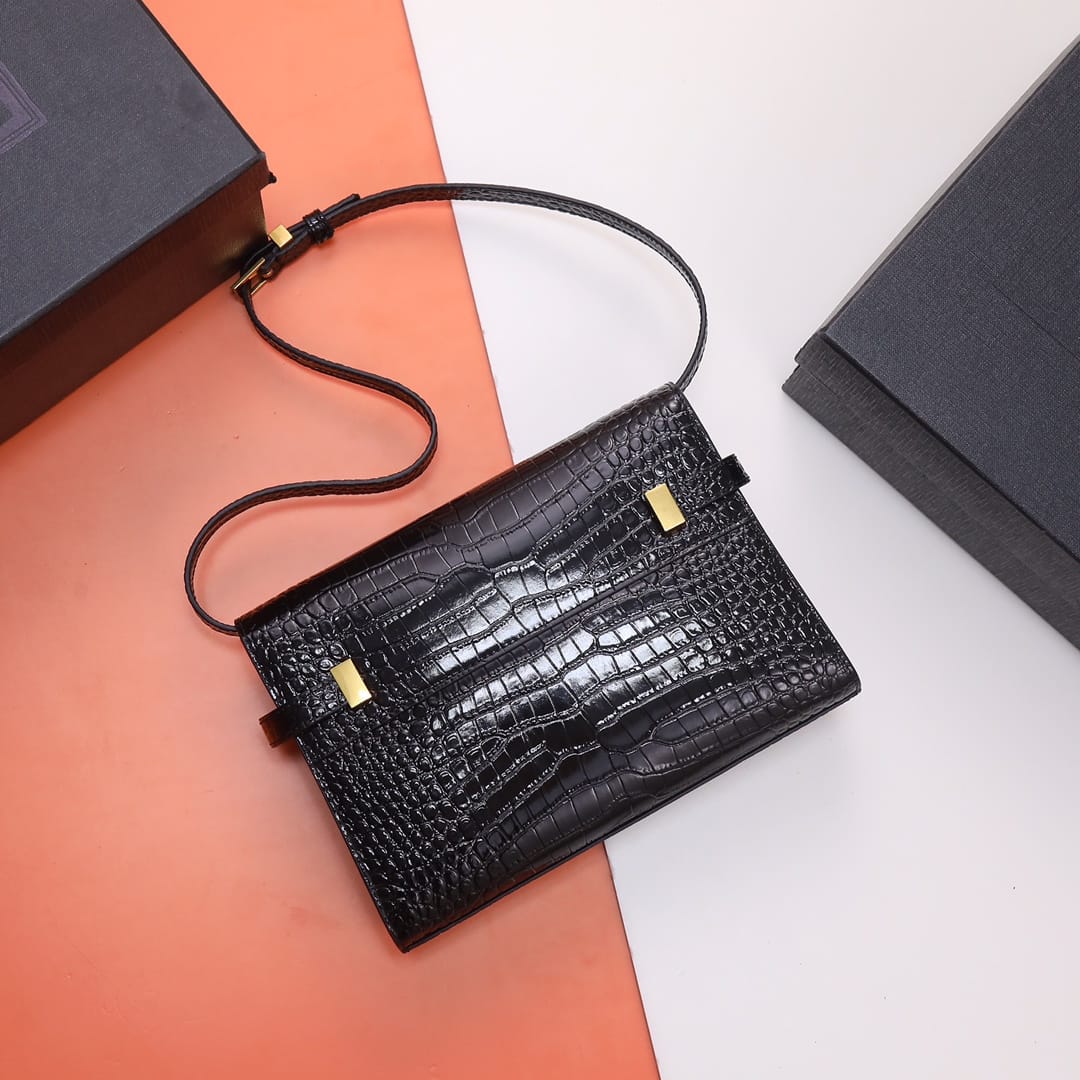 Saint Laurent Manhattan Small Shoulder Bag In Shiny Crocodile-embossed Leather - Black & Gold