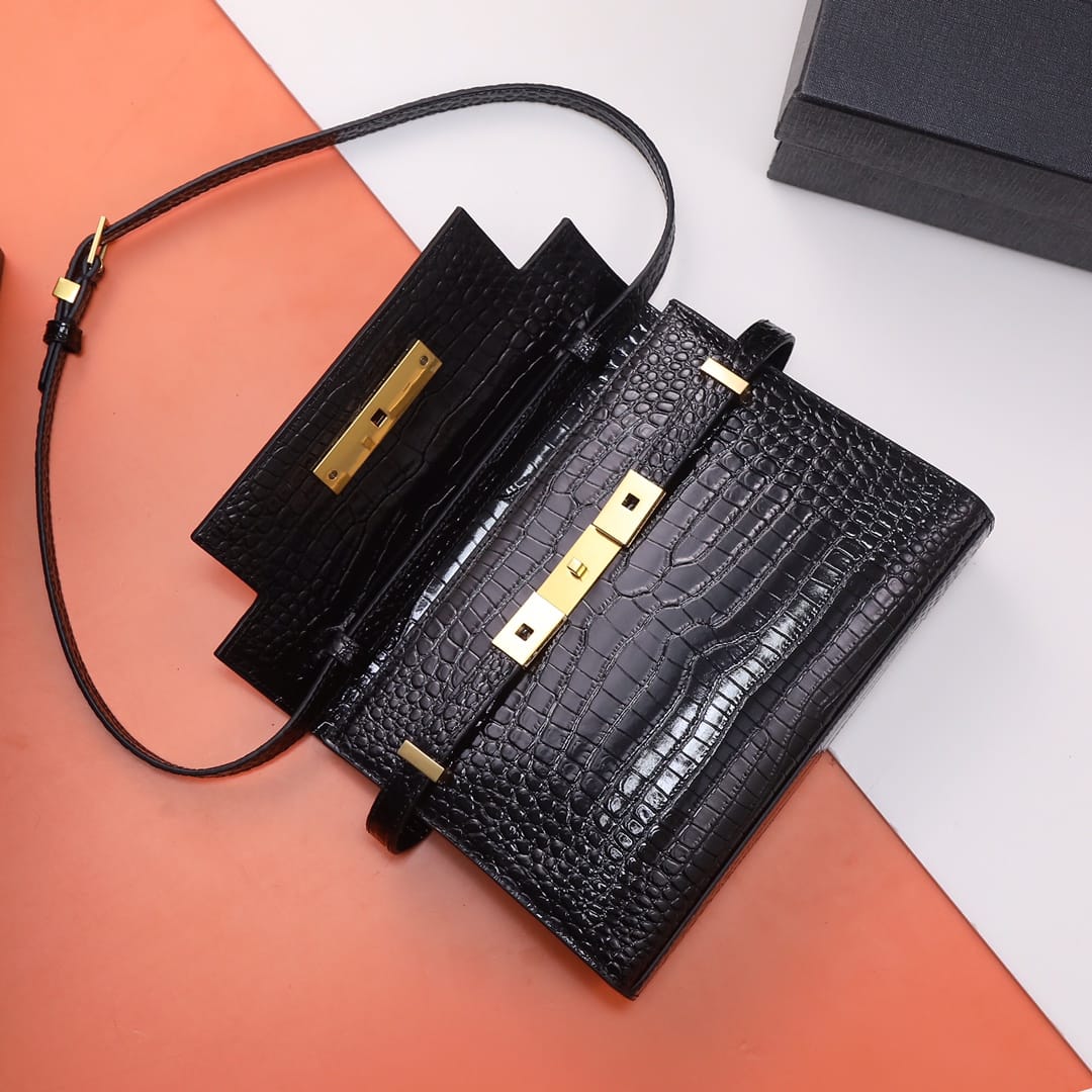 Saint Laurent Manhattan Small Shoulder Bag In Shiny Crocodile-embossed Leather - Black & Gold