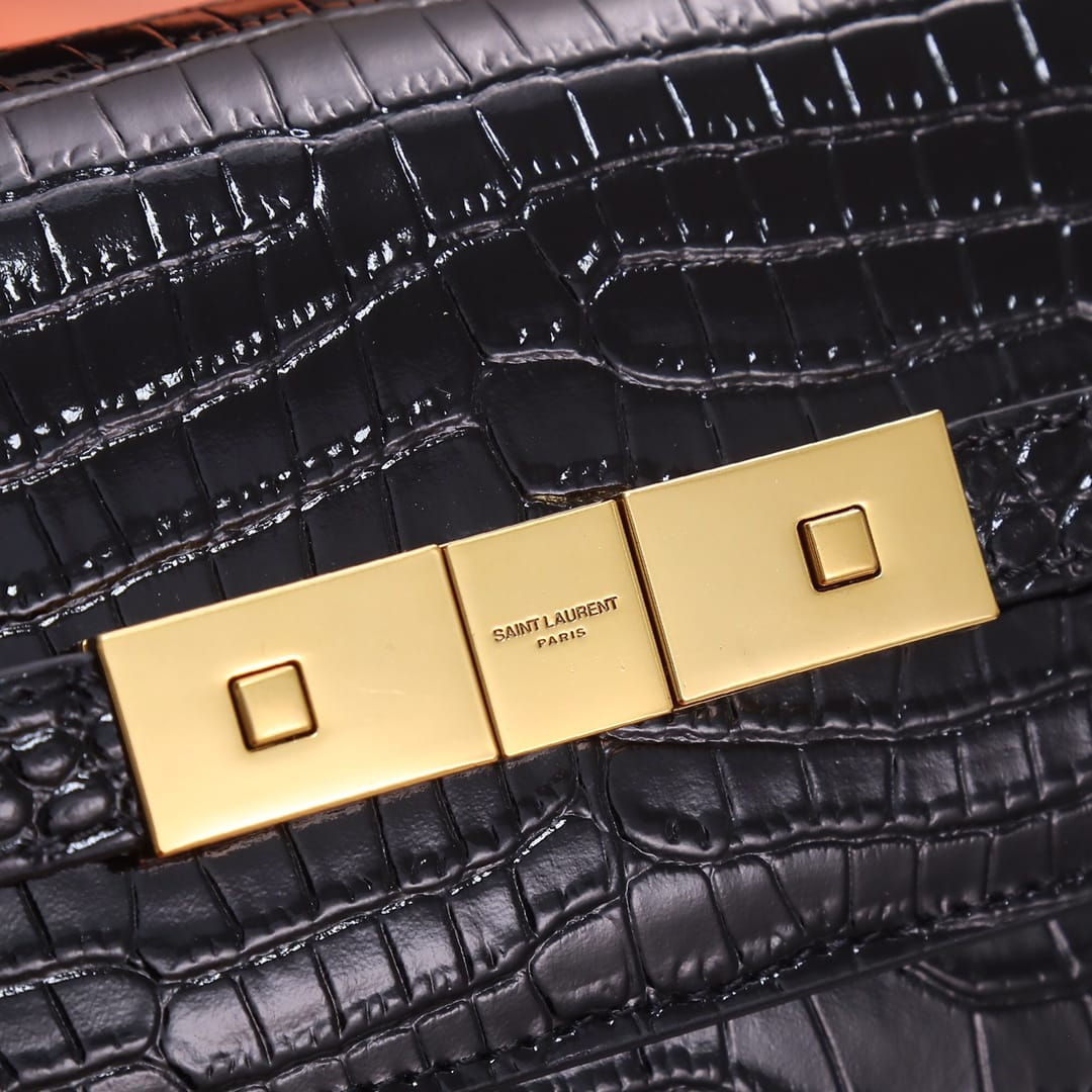 Saint Laurent Manhattan Small Shoulder Bag In Shiny Crocodile-embossed Leather - Black & Gold