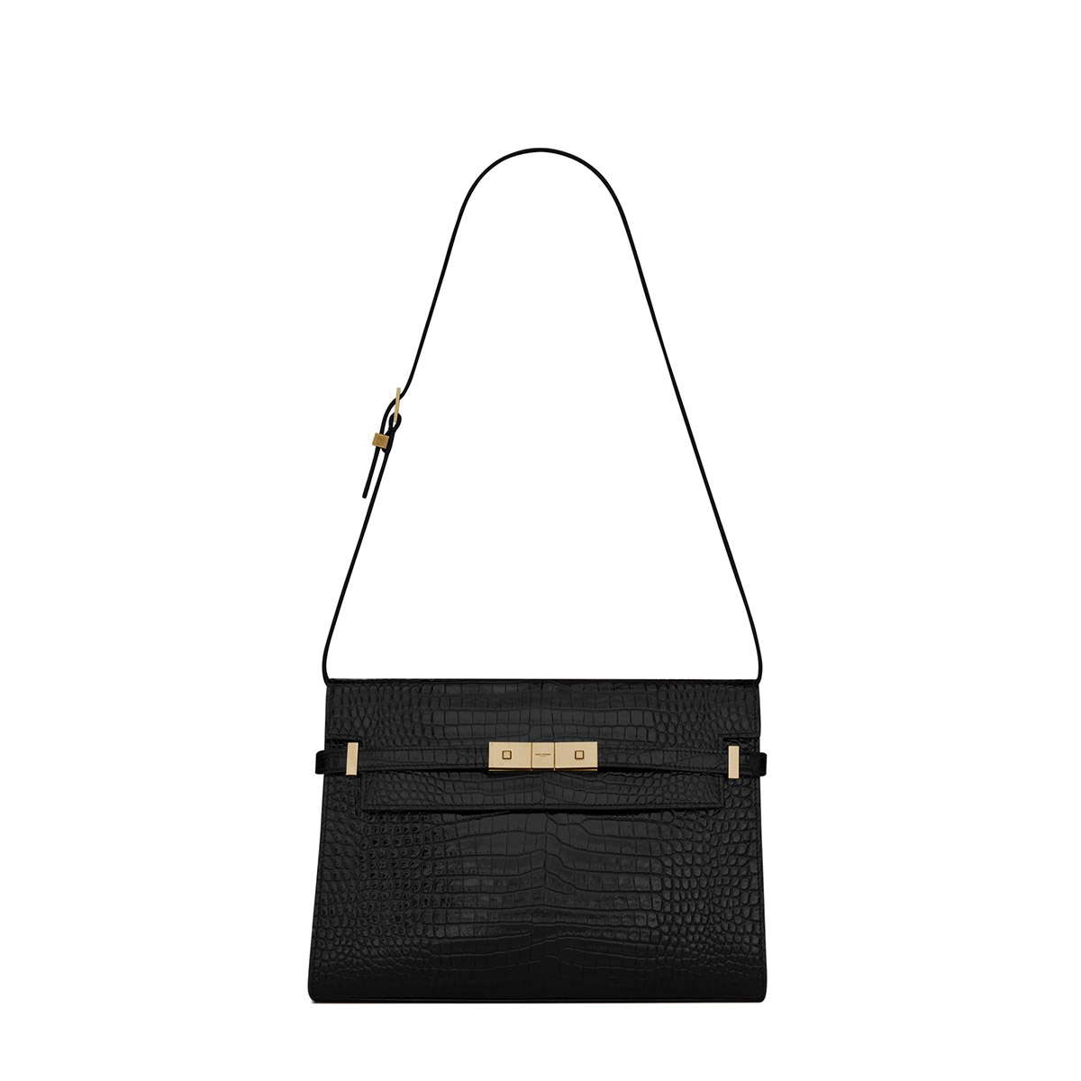 Saint Laurent Manhattan Medium Shoulder Bag In Shiny Crocodile-embossed Leather - Black & Gold