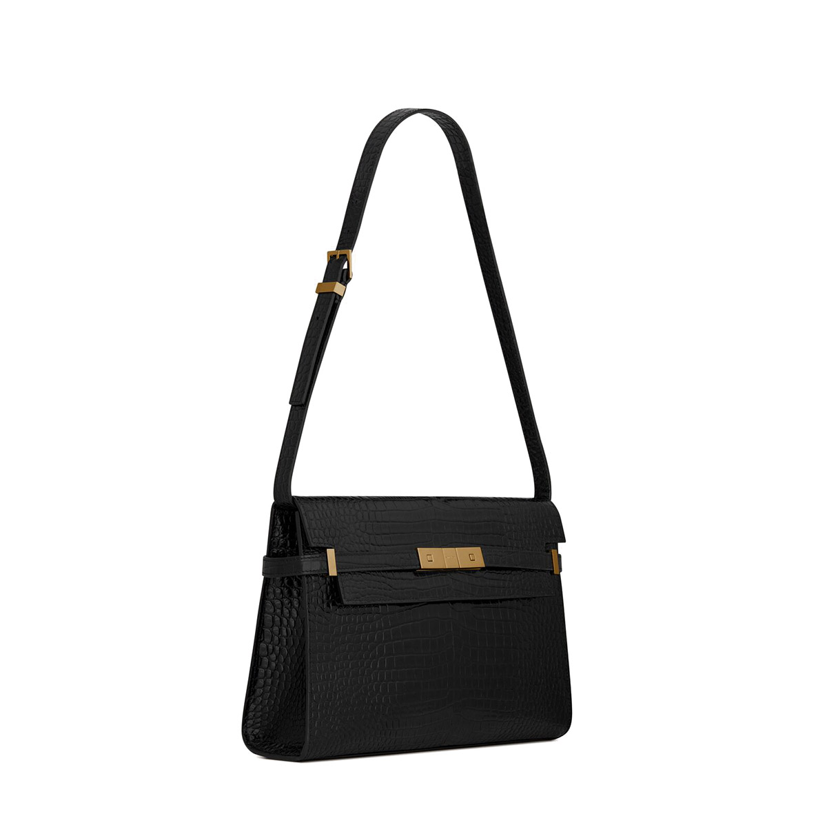 Saint Laurent Manhattan Medium Shoulder Bag In Shiny Crocodile-embossed Leather - Black & Gold