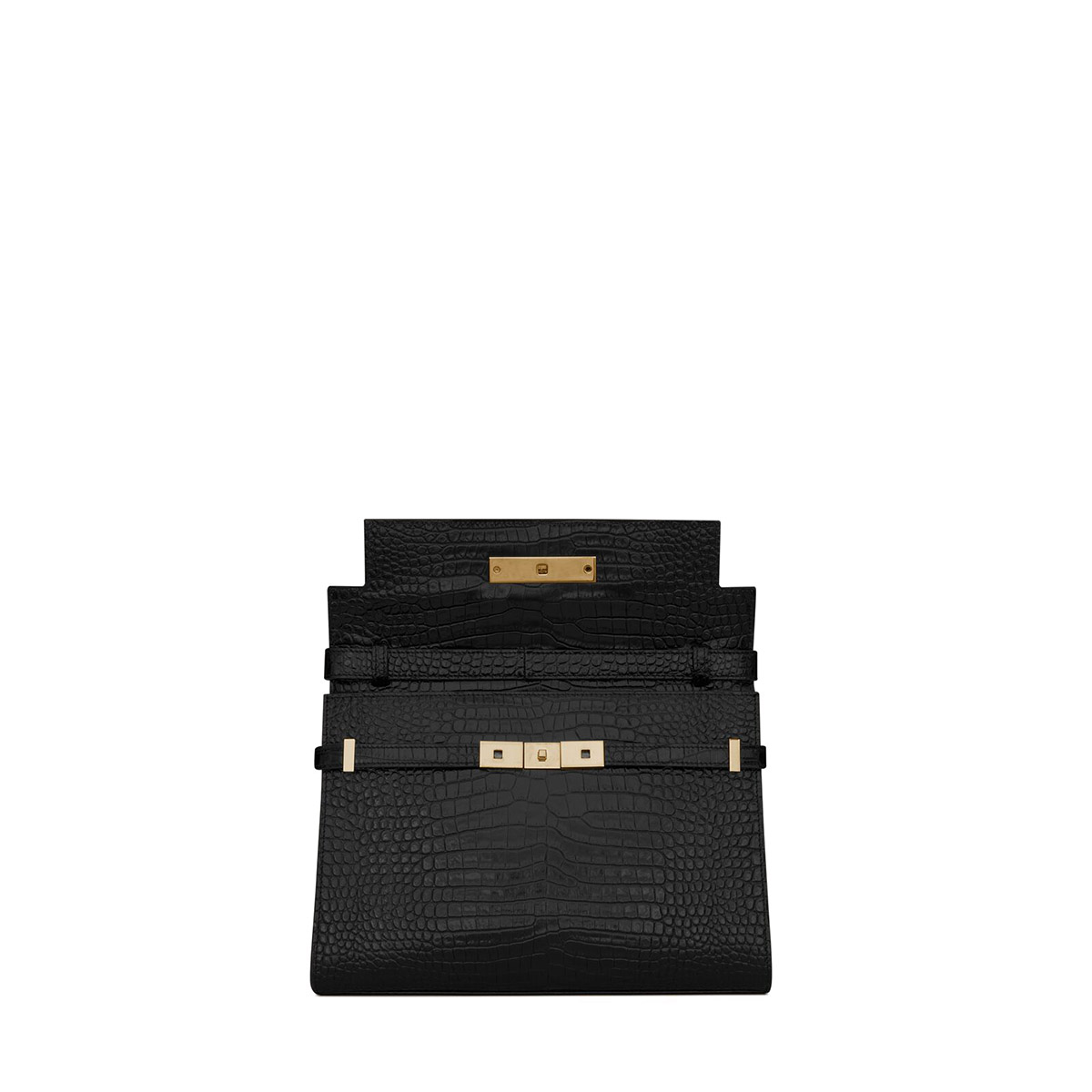 Saint Laurent Manhattan Medium Shoulder Bag In Shiny Crocodile-embossed Leather - Black & Gold