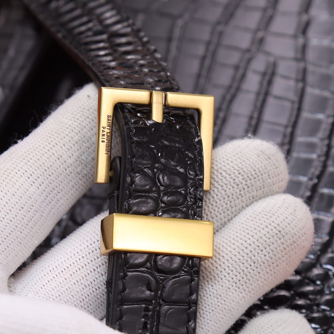 Saint Laurent Manhattan Medium Shoulder Bag In Shiny Crocodile-embossed Leather - Black & Gold