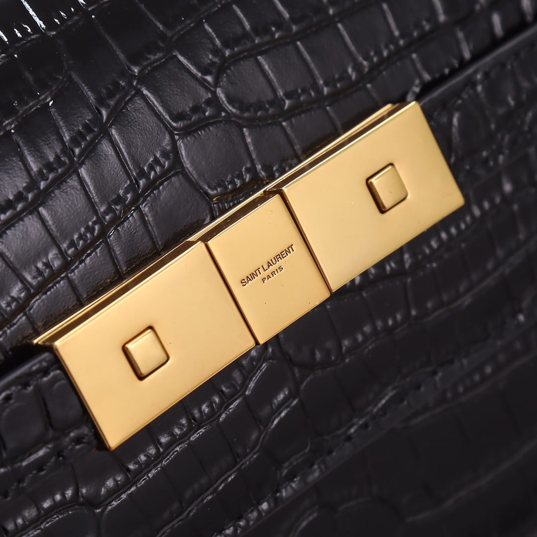 Saint Laurent Manhattan Medium Shoulder Bag In Shiny Crocodile-embossed Leather - Black & Gold