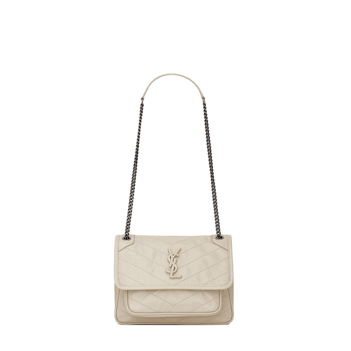 Saint Laurent Niki Baby Shoulder Bag In Vintage Leather - White & Silver