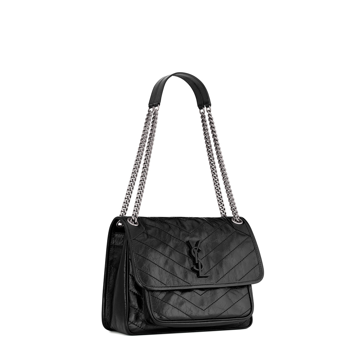 Saint Laurent Niki Medium Shoulder Bag In Vintage Leather - Black & Silver