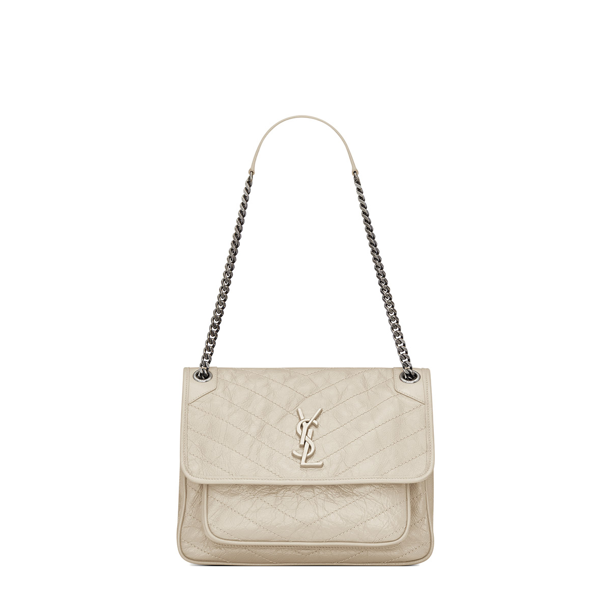 Saint Laurent Niki Medium Shoulder Bag In Vintage Leather - White & Silver