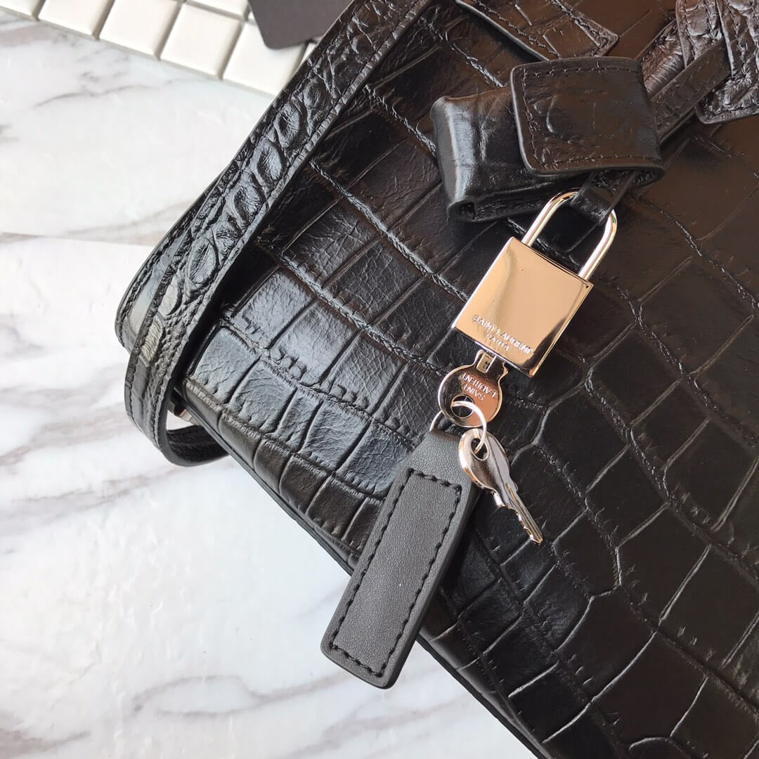 Saint Laurent SAC DE JOUR Nano Handbag In Crocodile-embossed Leather - Black 