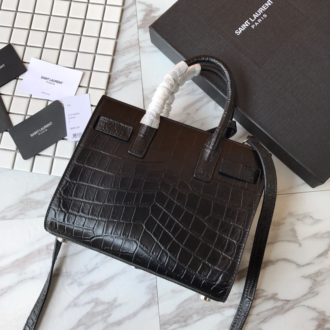 Saint Laurent SAC DE JOUR Nano Handbag In Crocodile-embossed Leather - Black 