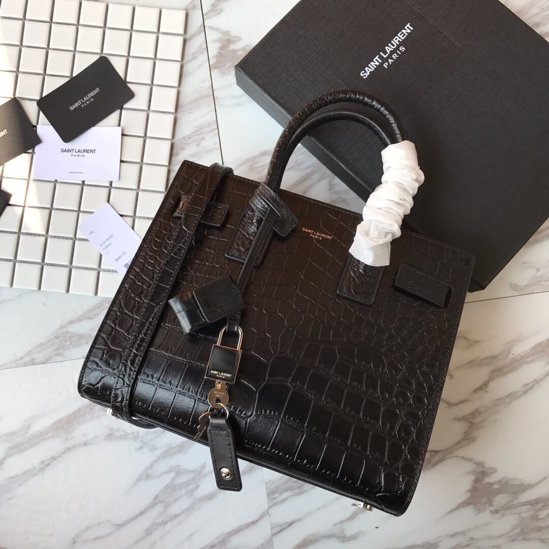 Saint Laurent SAC DE JOUR Baby Handbag In Crocodile-embossed Leather - Black 