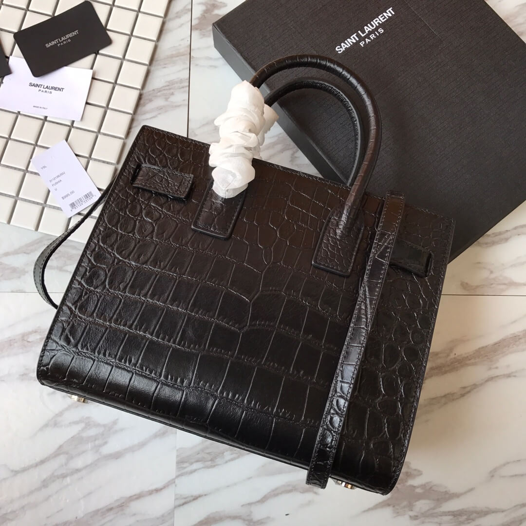 Saint Laurent SAC DE JOUR Baby Handbag In Crocodile-embossed Leather - Black 