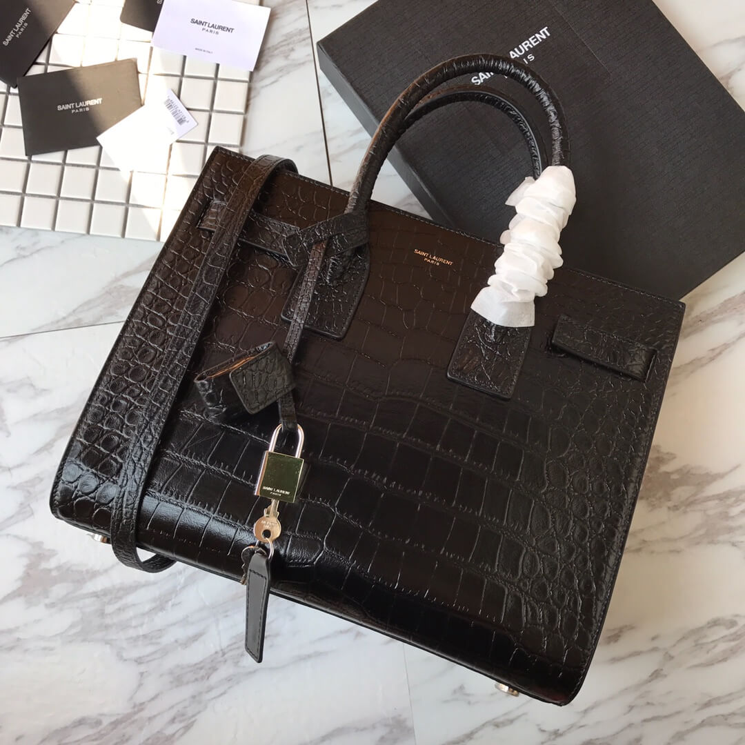 Saint Laurent SAC DE JOUR Small Handbag In Crocodile-embossed Leather - Black 