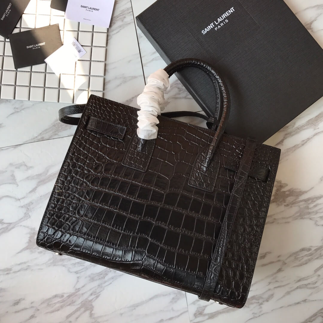 Saint Laurent SAC DE JOUR Small Handbag In Crocodile-embossed Leather - Black 