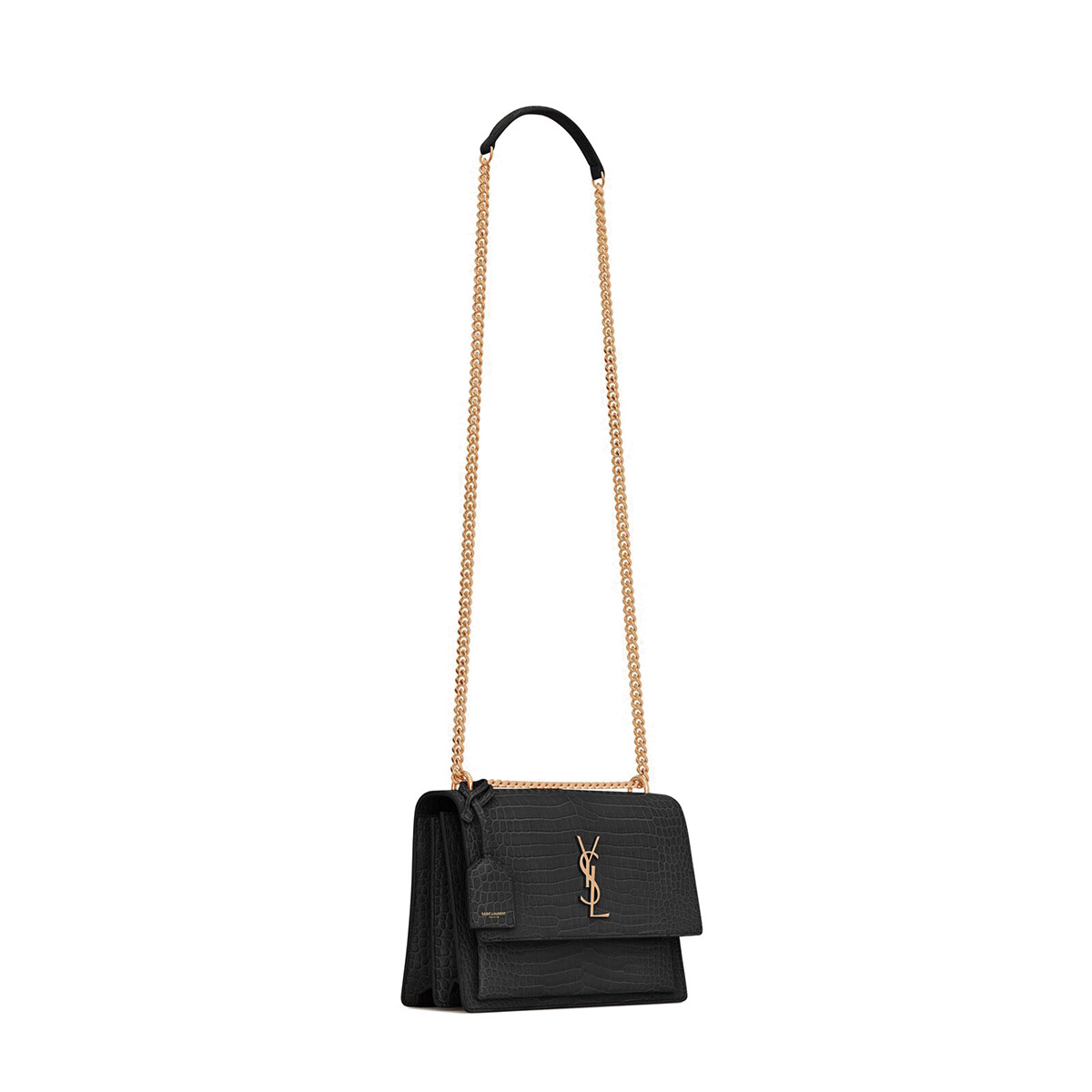 Saint Laurent Sunset Medium Shoulder Bag In Crocodile-embossed Leather - Black & Gold