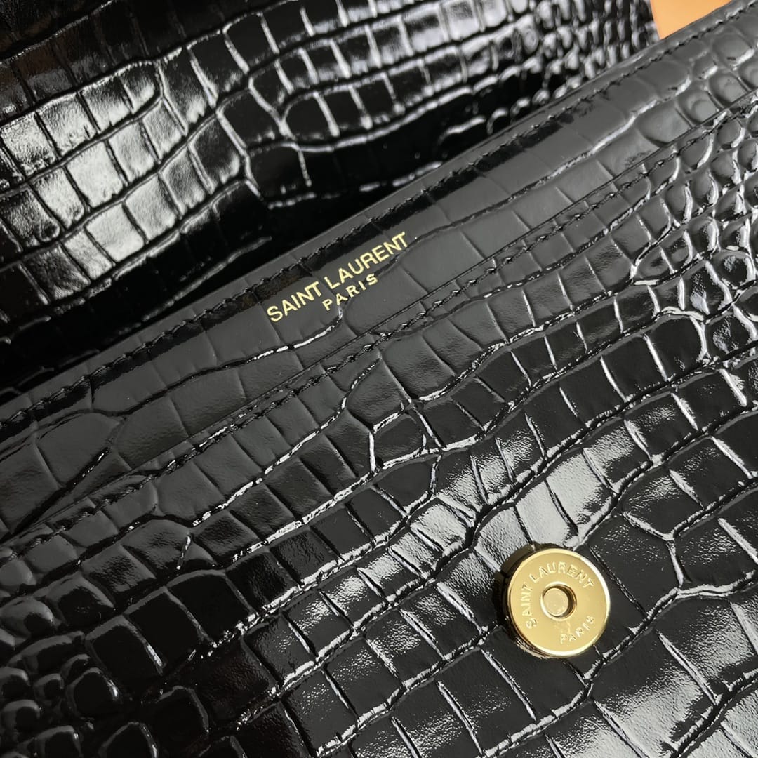 Saint Laurent Sunset Medium Shoulder Bag In Crocodile-embossed Leather - Black & Gold