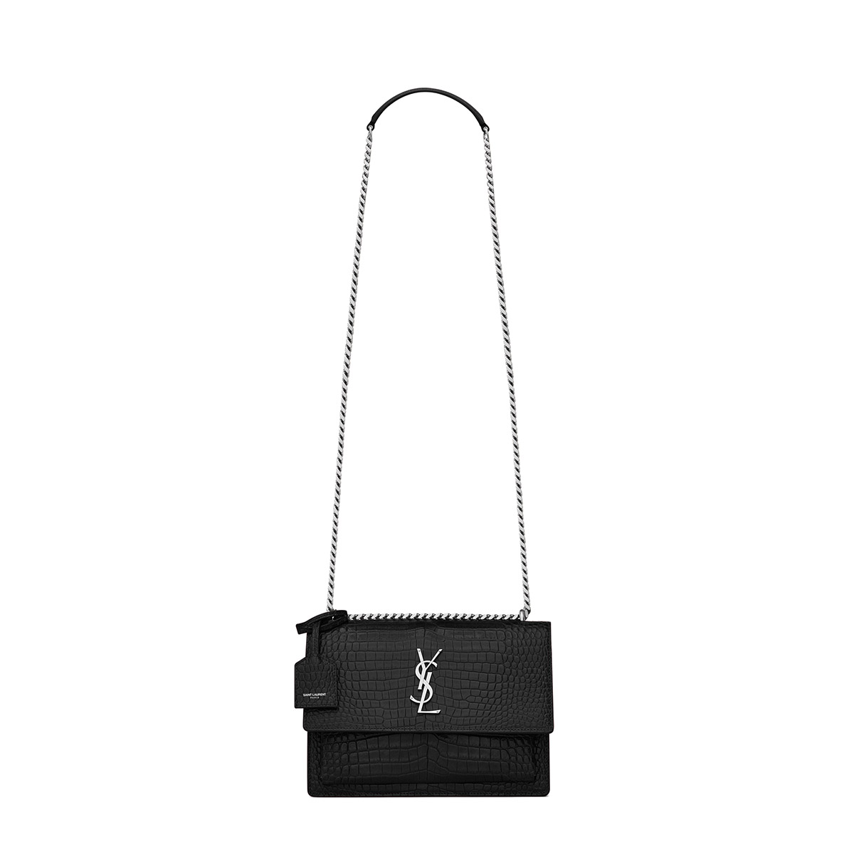 Saint Laurent Sunset Medium Shoulder Bag In Crocodile-embossed Leather - Black & Silver