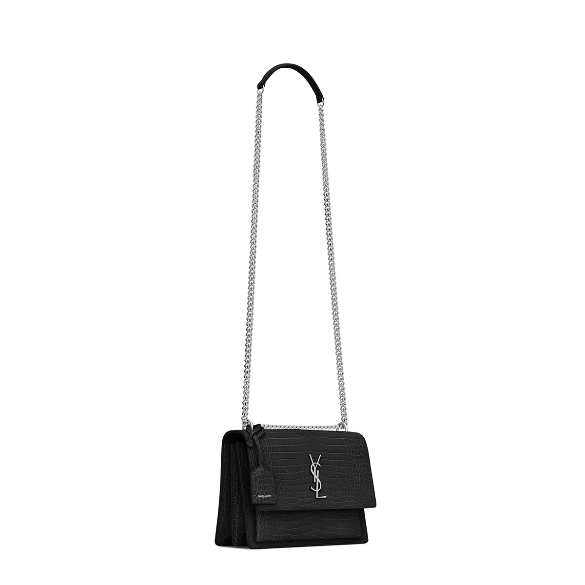 Saint Laurent Sunset Medium Shoulder Bag In Crocodile-embossed Leather - Black & Silver