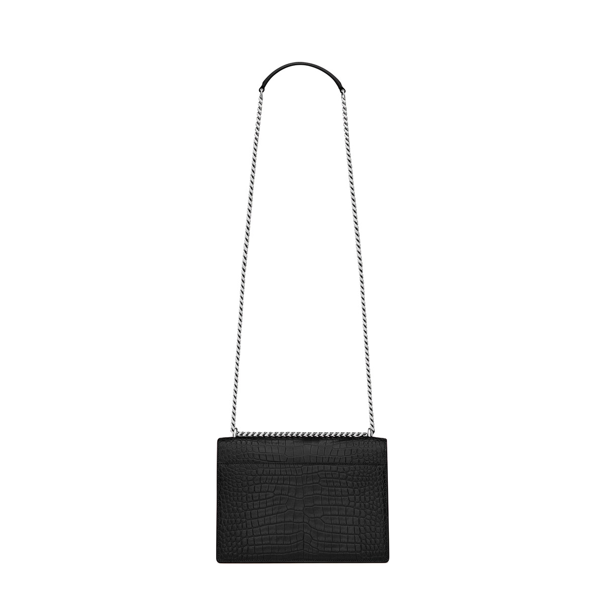 Saint Laurent Sunset Medium Shoulder Bag In Crocodile-embossed Leather - Black & Silver