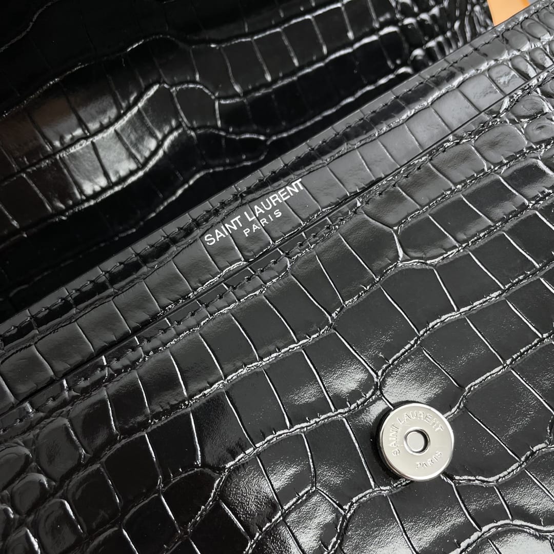 Saint Laurent Sunset Medium Shoulder Bag In Crocodile-embossed Leather - Black & Silver