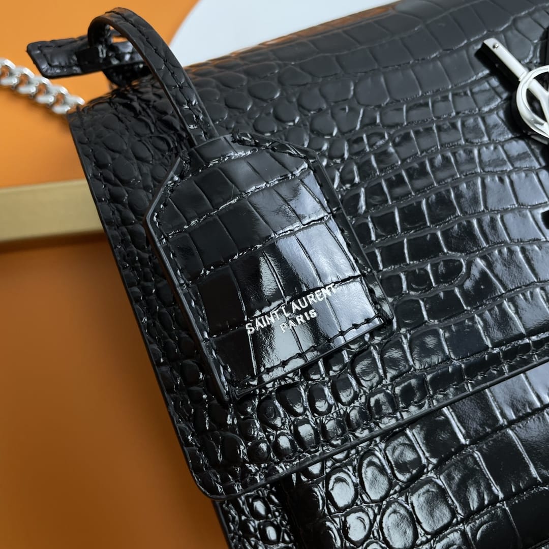 Saint Laurent Sunset Medium Shoulder Bag In Crocodile-embossed Leather - Black & Silver