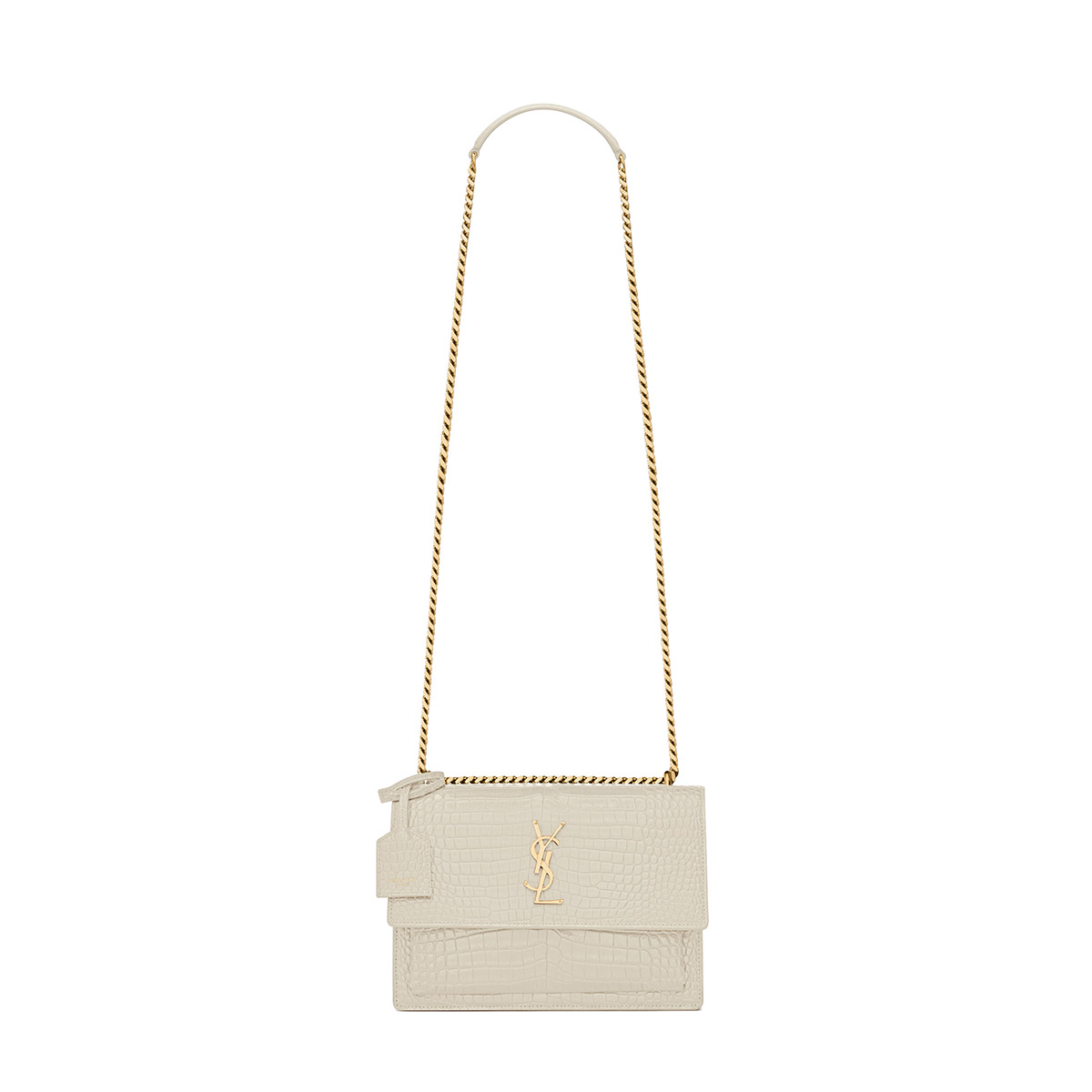 Saint Laurent Sunset Medium Shoulder Bag In Crocodile-embossed Leather - White & Gold