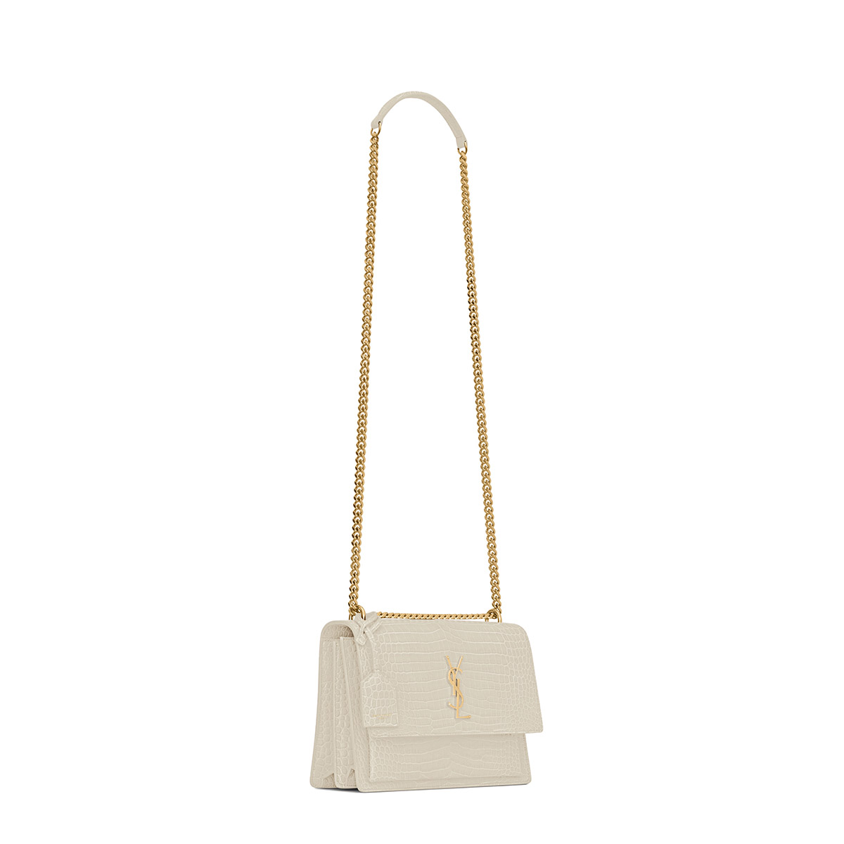 Saint Laurent Sunset Medium Shoulder Bag In Crocodile-embossed Leather - White & Gold